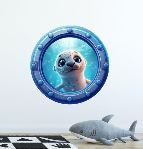 Baby Seal Cub | Cartoon Porthole Window Wall Decal