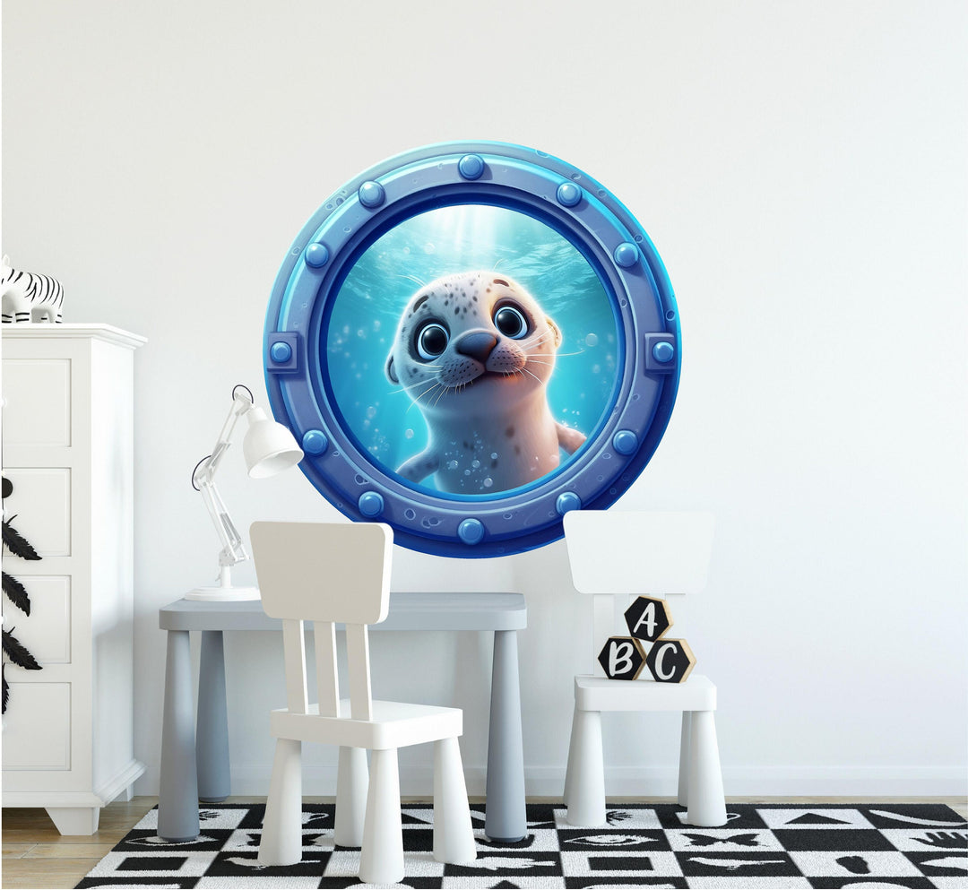 Baby Seal Cub | Cartoon Porthole Window Wall Decal