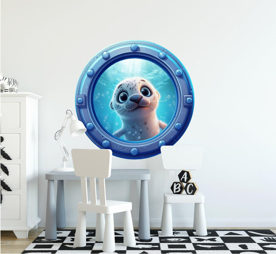 Baby Seal Cub | Cartoon Porthole Window Wall Decal