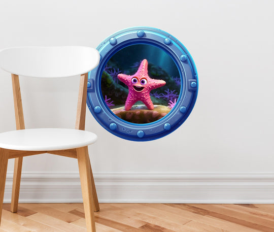 Pink Starfish | Cartoon Porthole Window Wall Decal