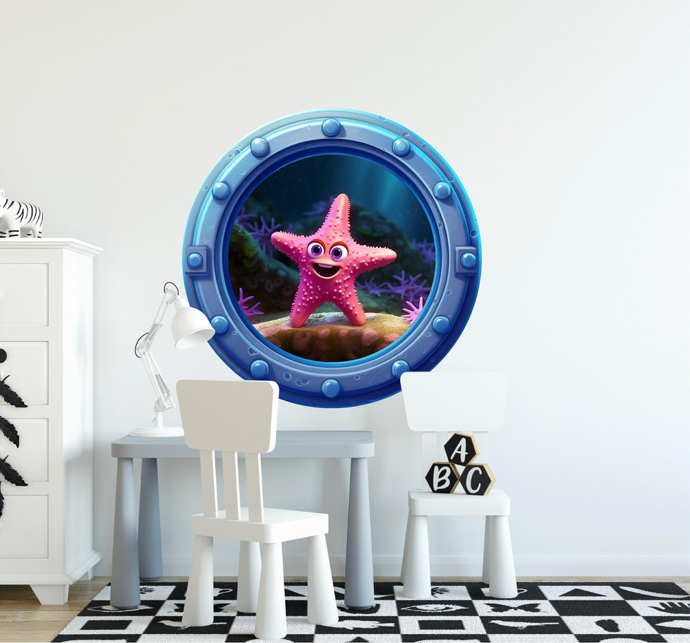 Pink Starfish | Cartoon Porthole Window Wall Decal