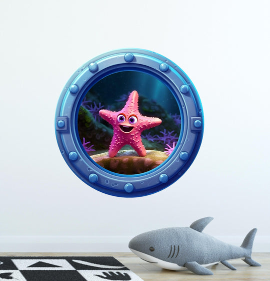 Pink Starfish | Cartoon Porthole Window Wall Decal