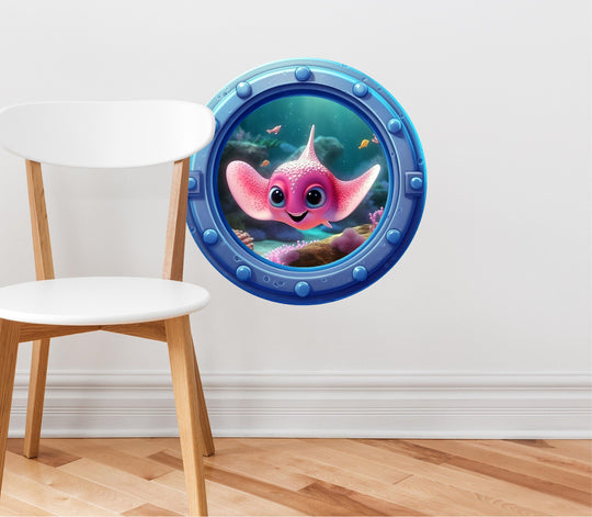Pink Stingray | Cartoon Porthole Window Wall Decal