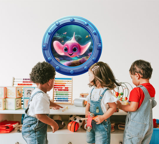 Pink Stingray | Cartoon Porthole Window Wall Decal