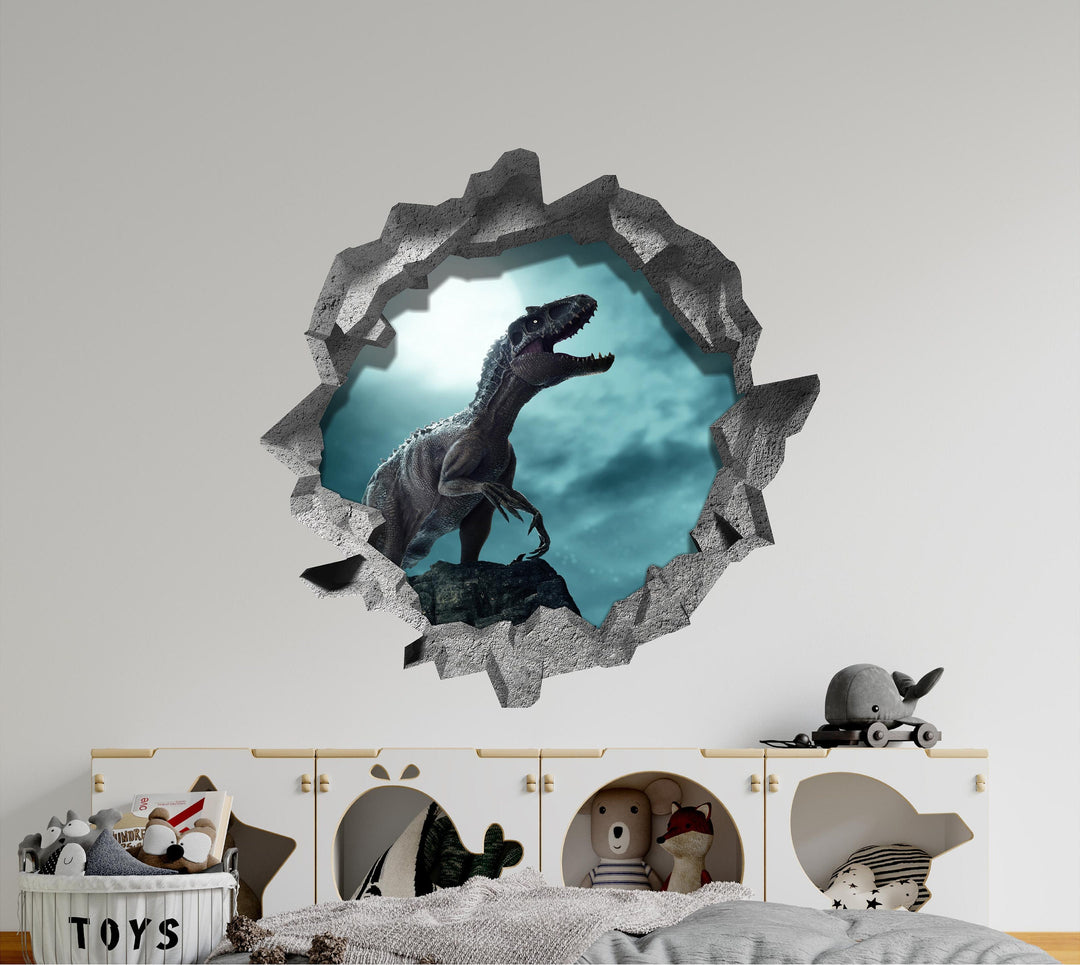 Indoraptor Dinosaur At Night | 3D Hole In the Wall Decal