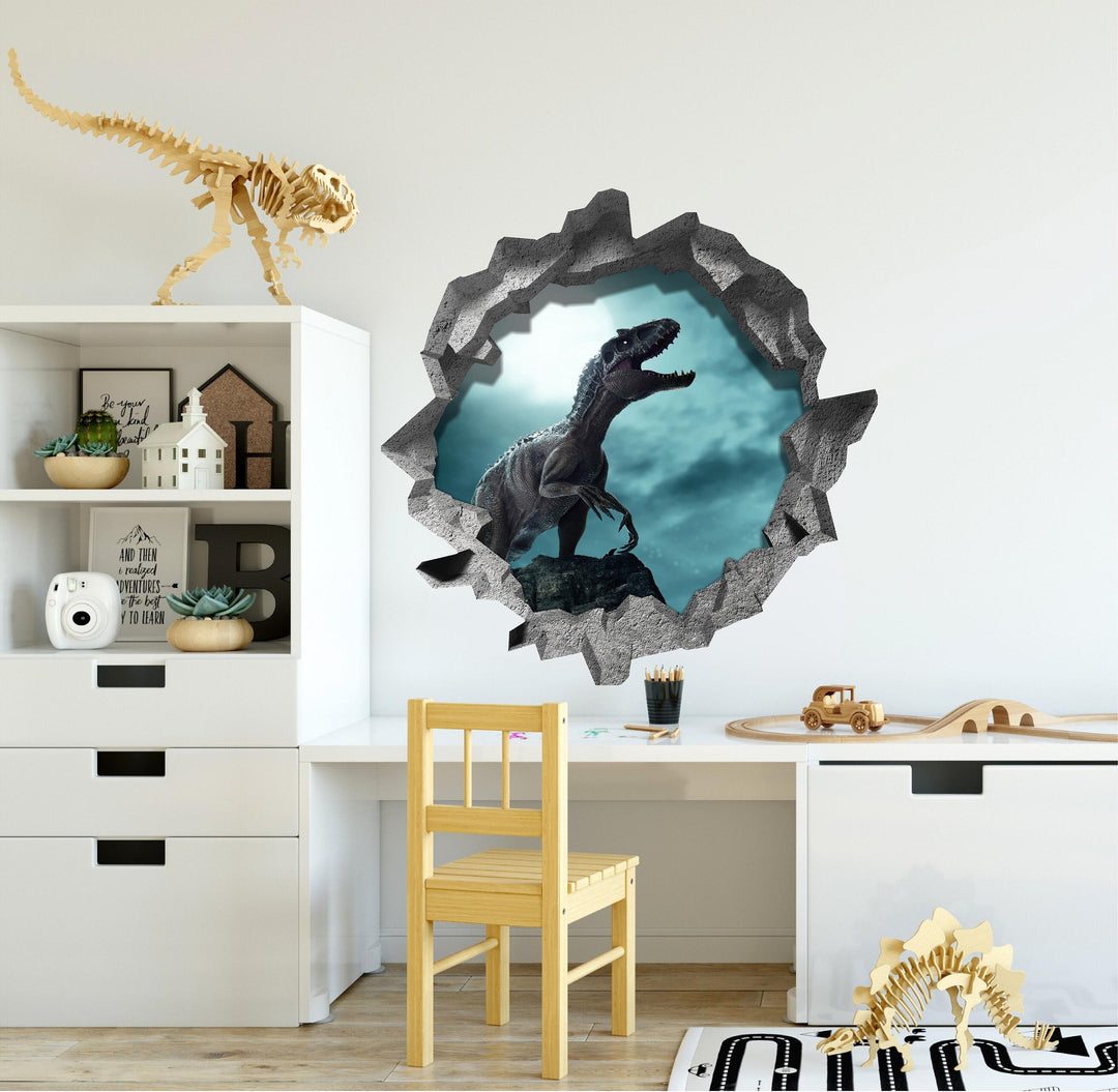 Indoraptor Dinosaur At Night | 3D Hole In the Wall Decal