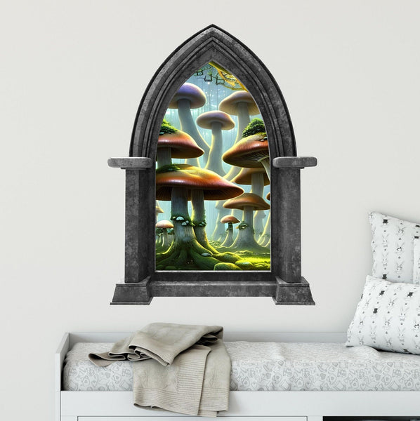 Mushroom Forest #1 Castle Window Wall Decal, Fairy Tale Wall Art, Enchanted Forest Wall Art, Mushroom Wonderland, Peel and Stick