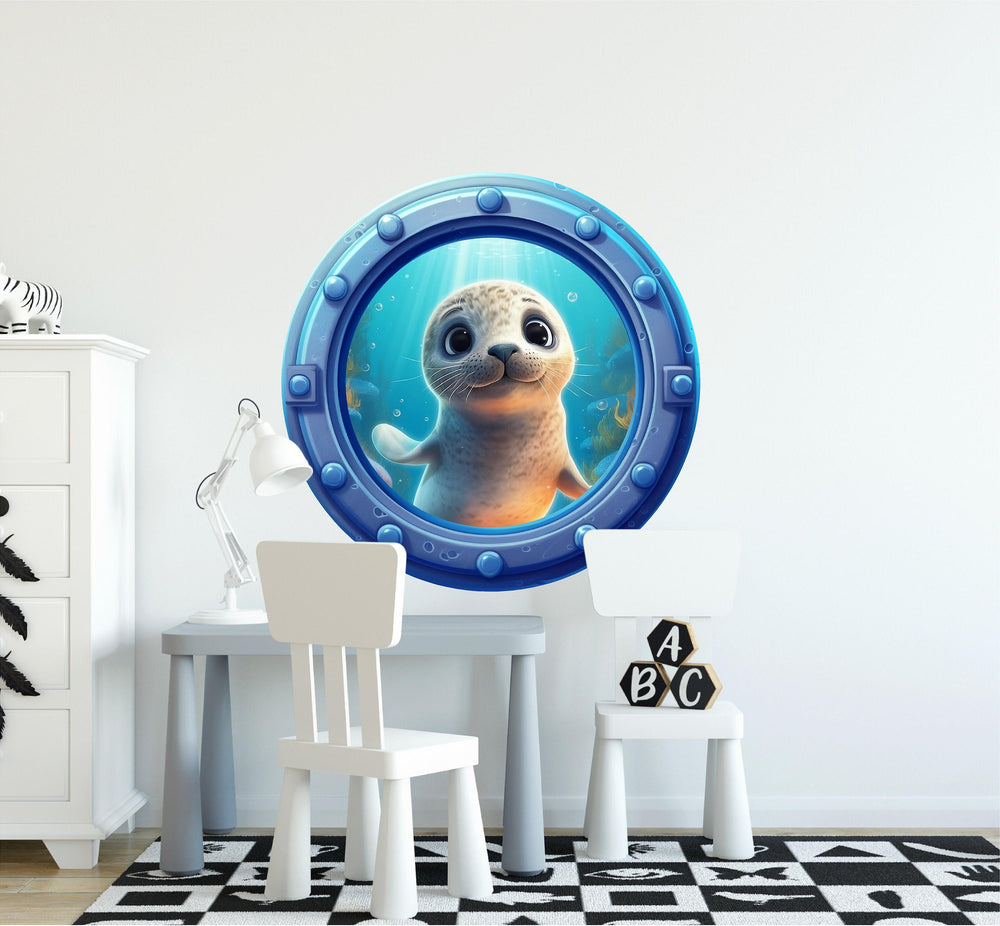 Curious Seal | Cartoon Porthole Window Wall Decal