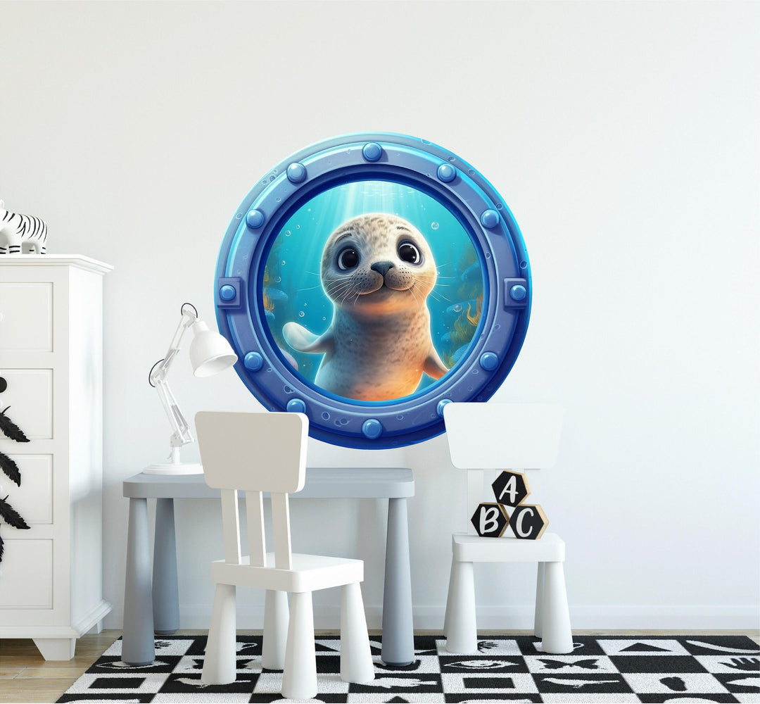Curious Seal | Cartoon Porthole Window Wall Decal