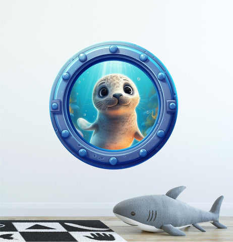 Curious Seal | Cartoon Porthole Window Wall Decal