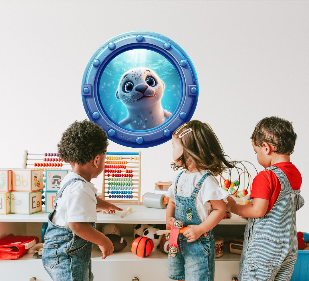 Baby Seal Cub | Cartoon Porthole Window Wall Decal