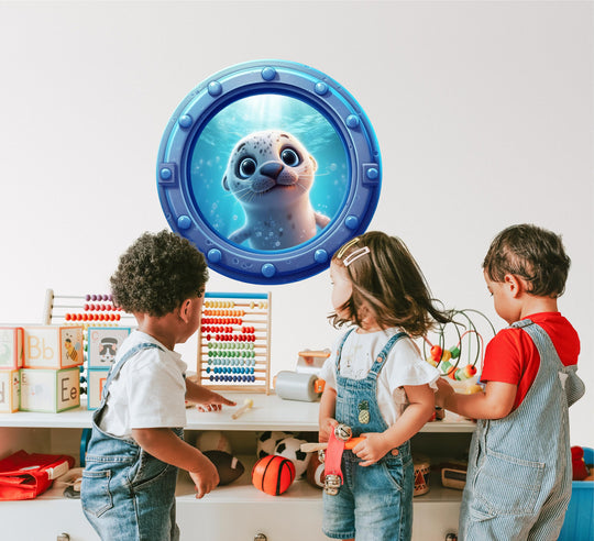 Baby Seal Cub | Cartoon Porthole Window Wall Decal