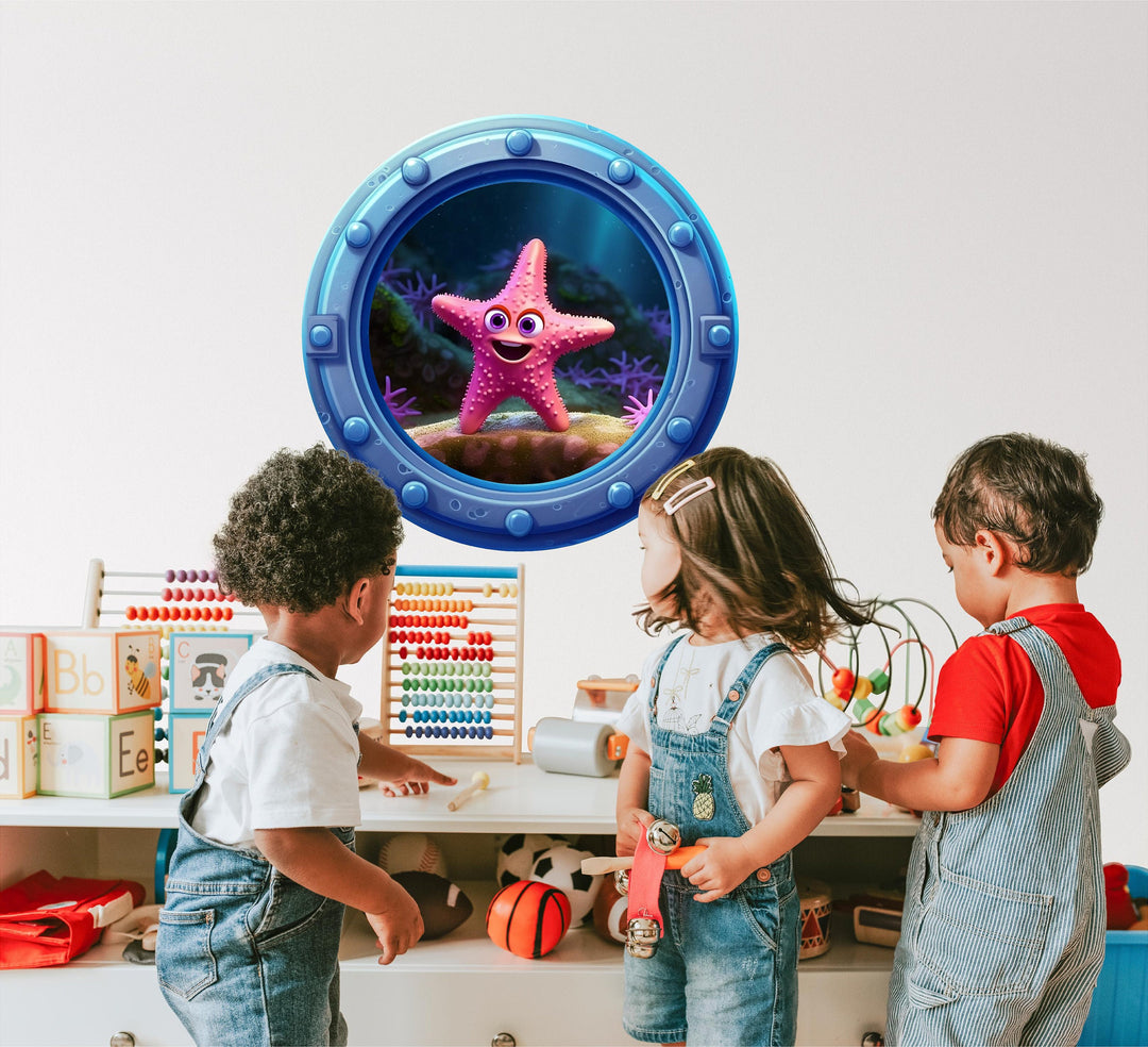 Pink Starfish | Cartoon Porthole Window Wall Decal