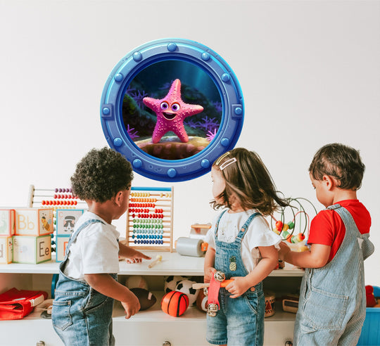 Pink Starfish | Cartoon Porthole Window Wall Decal