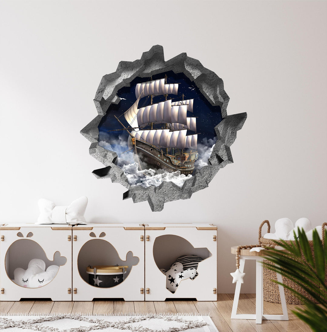 Pirate Ship In Clouds | 3D Hole In the Wall Decal