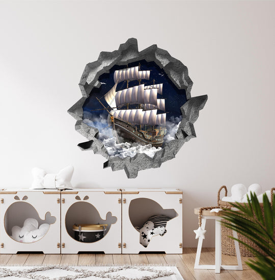 Pirate Ship In Clouds | 3D Hole In the Wall Decal