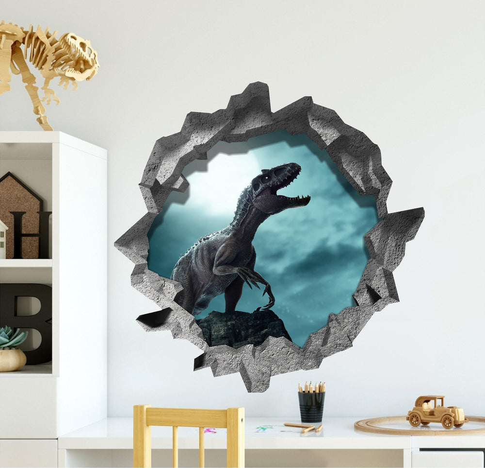 Indoraptor Dinosaur At Night | 3D Hole In the Wall Decal