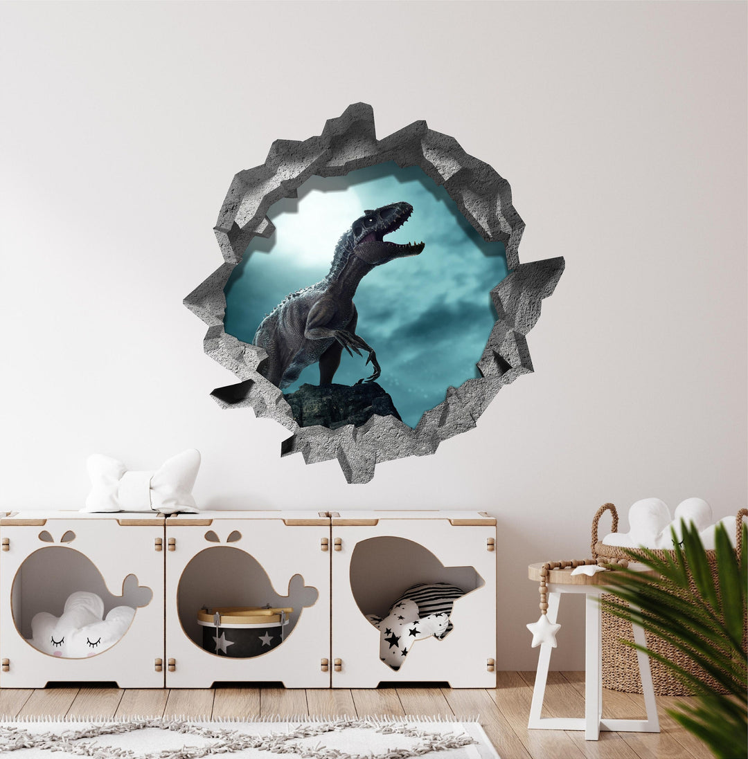 Indoraptor Dinosaur At Night | 3D Hole In the Wall Decal