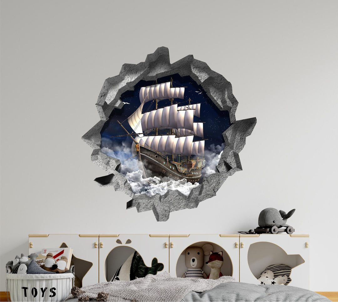 Pirate Ship In Clouds | 3D Hole In the Wall Decal