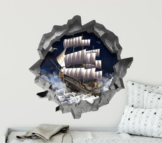Pirate Ship In Clouds | 3D Hole In the Wall Decal