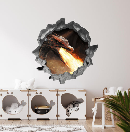 Fire Breathing Dragon | 3D Hole In the Wall Decal