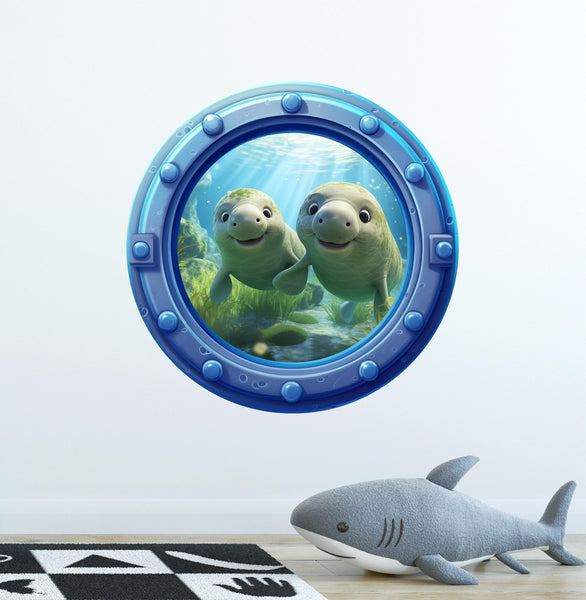 Friendly Manatees | Cartoon Porthole Window Wall Decal