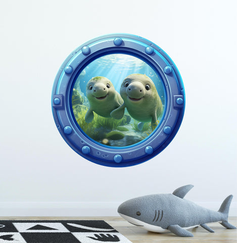Friendly Manatees | Cartoon Porthole Window Wall Decal