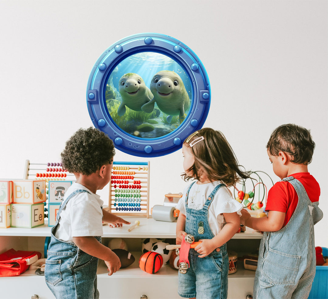 Friendly Manatees | Cartoon Porthole Window Wall Decal