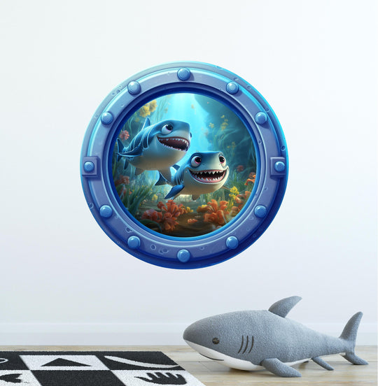 Baby Sharks 2 | Cartoon Porthole Window Wall Decal