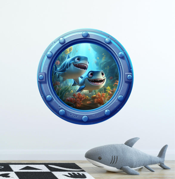 Baby Sharks 2 | Cartoon Porthole Window Wall Decal
