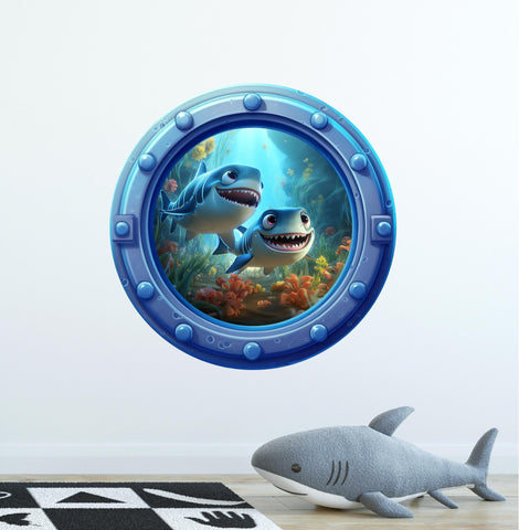 Baby Sharks 2 | Cartoon Porthole Window Wall Decal
