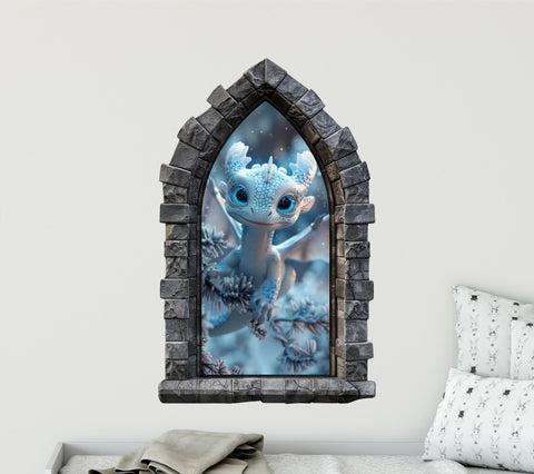 Stone Castle Window Wall Decal - Baby Ice Dragon - CastleScape Window - Fantasy Wall Art - Removable Fabric Wall Sticker - Peel & Stick