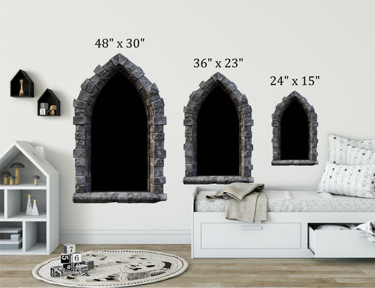 Stone Castle Window Wall Decal - Little Red Dragon - CastleScape Window - Fantasy Wall Art - Removable Fabric Wall Sticker - Peel & Stick