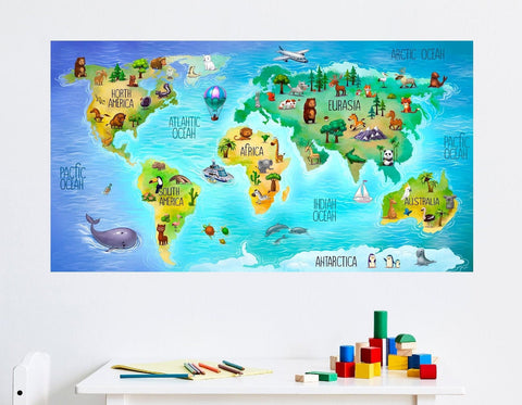 Children's Animal WORLD MAP Wall Decal Wall Art Removable Peel & Stick Wall Sticker for Kids Playroom Bedroom Nursery Decor