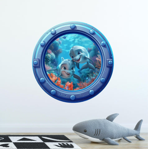 Dolphins 2 | Cartoon Porthole Window Wall Decal