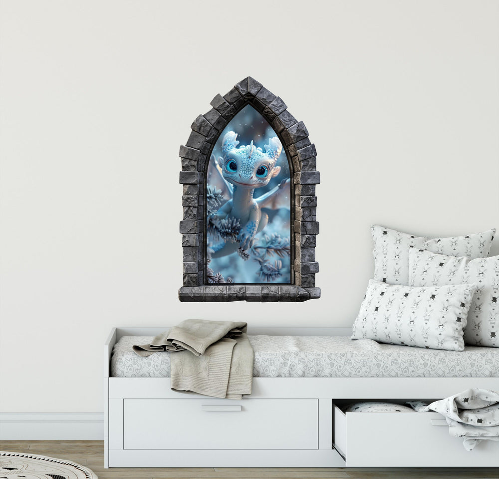 Stone Castle Window Wall Decal - Baby Ice Dragon - CastleScape Window - Fantasy Wall Art - Removable Fabric Wall Sticker - Peel & Stick