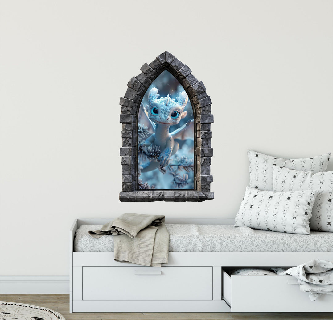 Stone Castle Window Wall Decal - Baby Ice Dragon - CastleScape Window - Fantasy Wall Art - Removable Fabric Wall Sticker - Peel & Stick