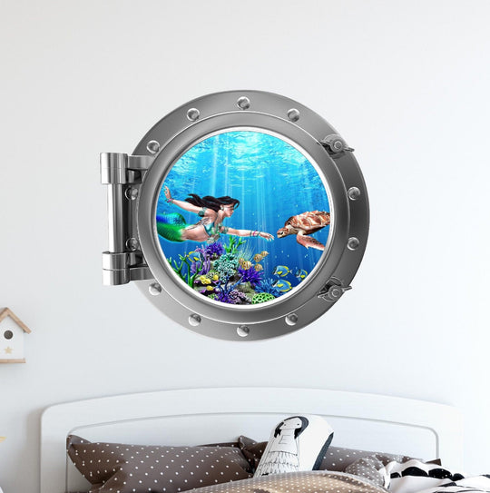 PortScape Mermaid & Sea Turtle 1 | Ocean Porthole Window Wall Decal