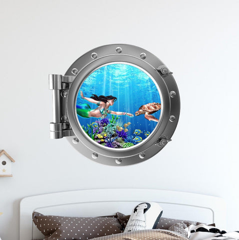 PortScape Mermaid & Sea Turtle 1 | Ocean Porthole Window Wall Decal