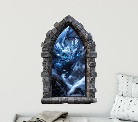 Castle Window Wall Decal - Baby Ice Dragon #2 - Fantasy Wall Art - Removable Fabric Wall Sticker - Peel & Stick
