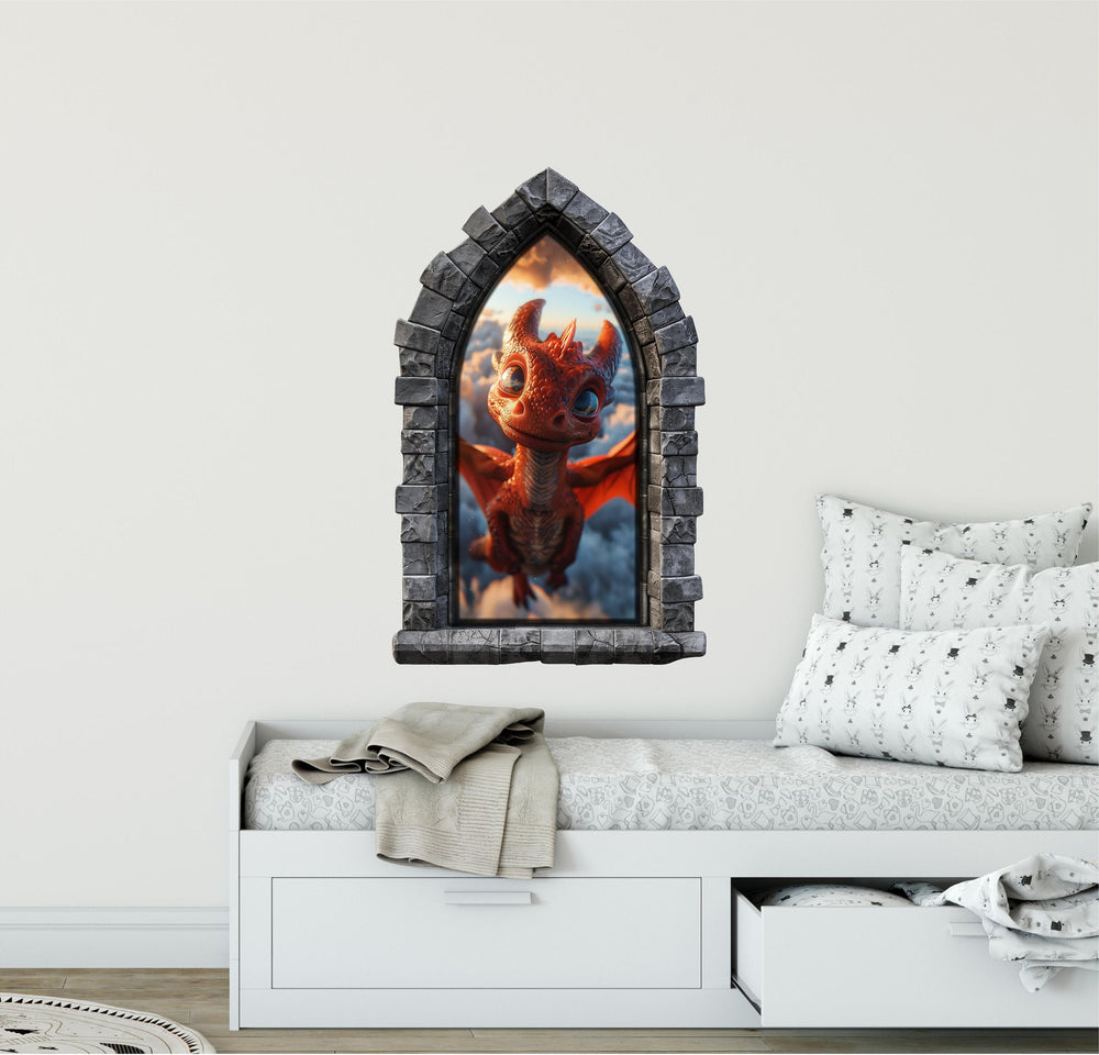 Stone Castle Window Wall Decal - Little Red Dragon - CastleScape Window - Fantasy Wall Art - Removable Fabric Wall Sticker - Peel & Stick