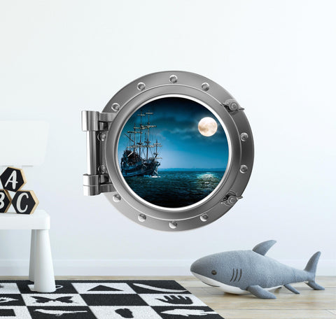 PortScape Ship In Moonlight | Ocean Porthole Window Wall Decal