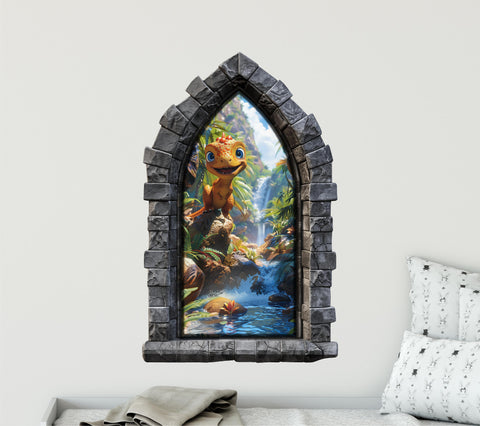 CastleScape Curious Baby Dinosaur | Castle Window Wall Decal