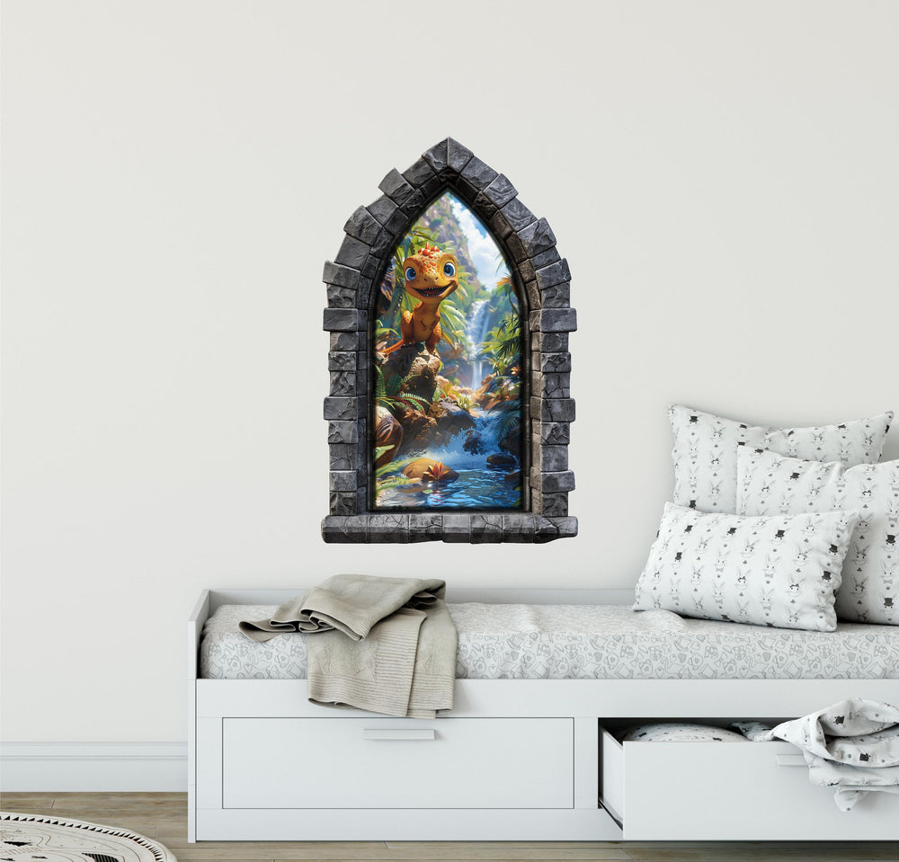 CastleScape Curious Baby Dinosaur | Castle Window Wall Decal