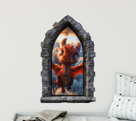 Stone Castle Window Wall Decal - Little Red Dragon - CastleScape Window - Fantasy Wall Art - Removable Fabric Wall Sticker - Peel & Stick