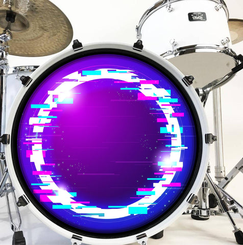 Decal Neon Techno Glitch Bass Drum Head Skin Decal - Graphic Drumhead Sticker for Drum Kit Customization - Durable, Easy Apply - Made in USA