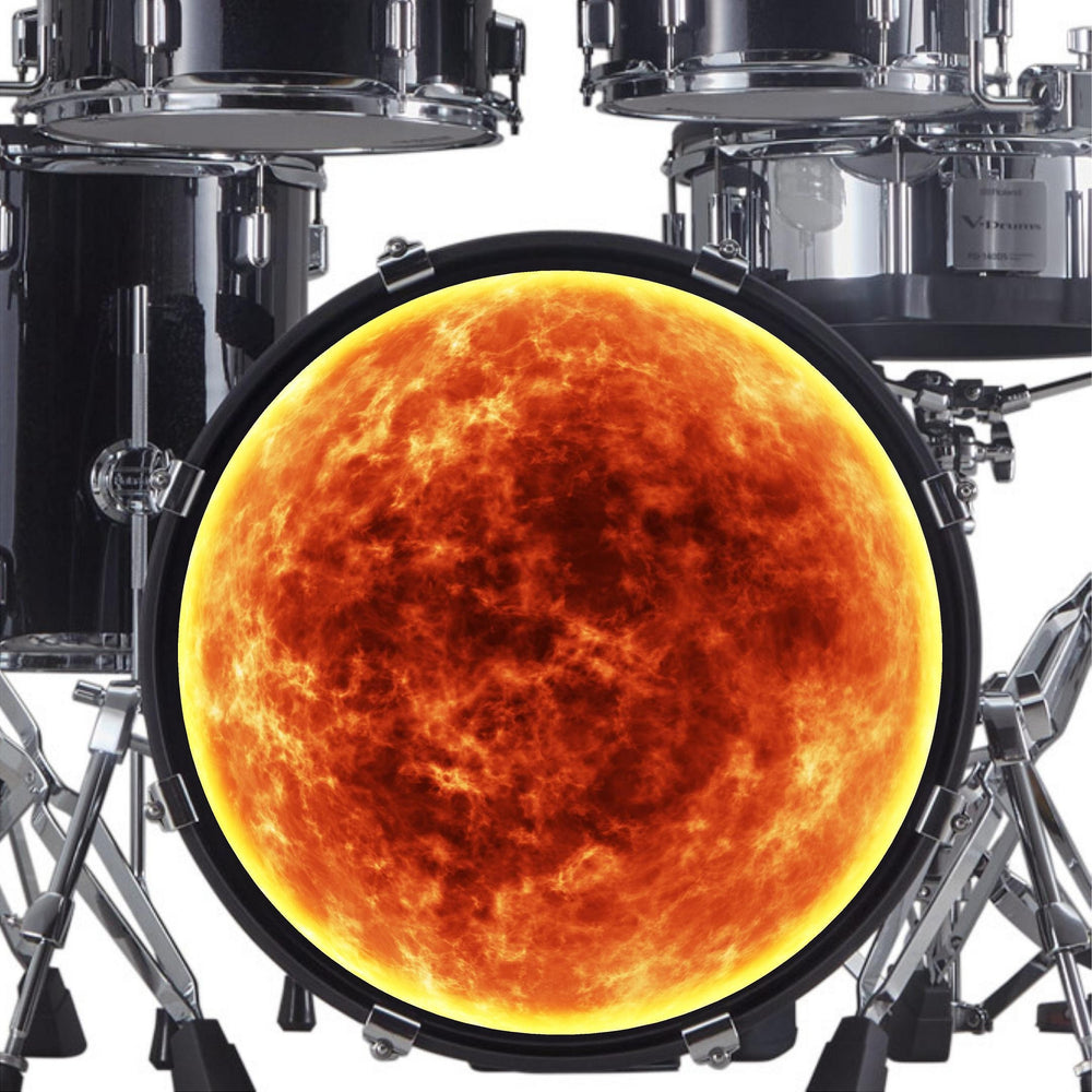 Decal Solar Ball of Flame Bass Drum Head Skin - Graphic Drumhead Sticker for Drum Kit Customization - Durable, Easy Apply - Made in USA