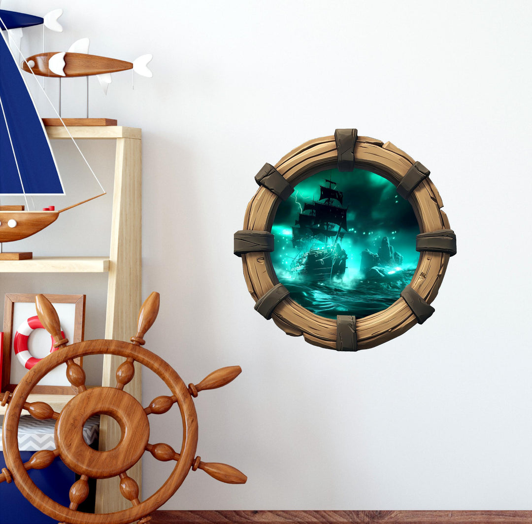 Ghost Ship at Night | Pirate Ship Porthole Window Wall Decal