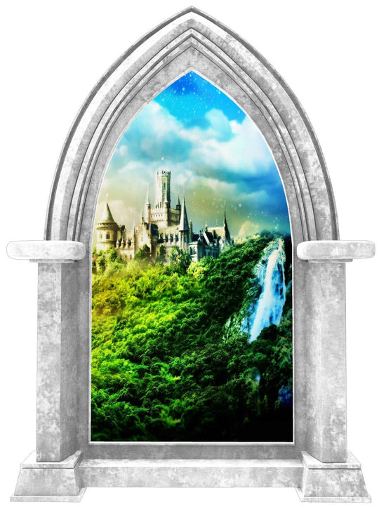 Castle Scape Castle #1 Stone Castle Window Wall Decal Sticker Mural Kids Bedroom Playroom Nursery Medieval Fantasy Fairytale Decor