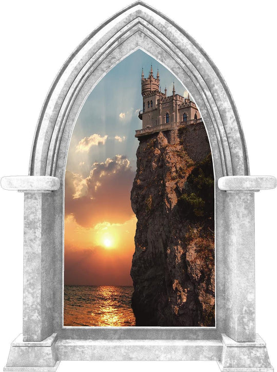 CastleScape Cliffs Edge at Sea Sunset | Castle Window Wall Decal